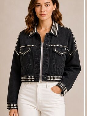 Forever 21 Women’s Sz M Black Cropped Denim Jacket Studded Western Rock Glam